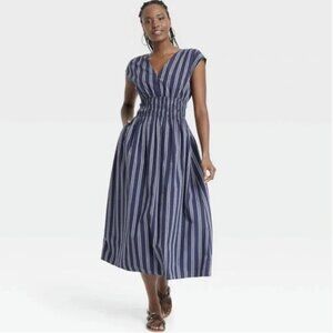 💙 Women's Midi A-Line Dress - Universal Thread Navy Blue Striped - L
